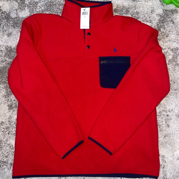NEW Polo Ralph Lauren Men’s Pullover 1/4 Button up Fleece Sweater In Red SZ.L - Picture 4 of 7